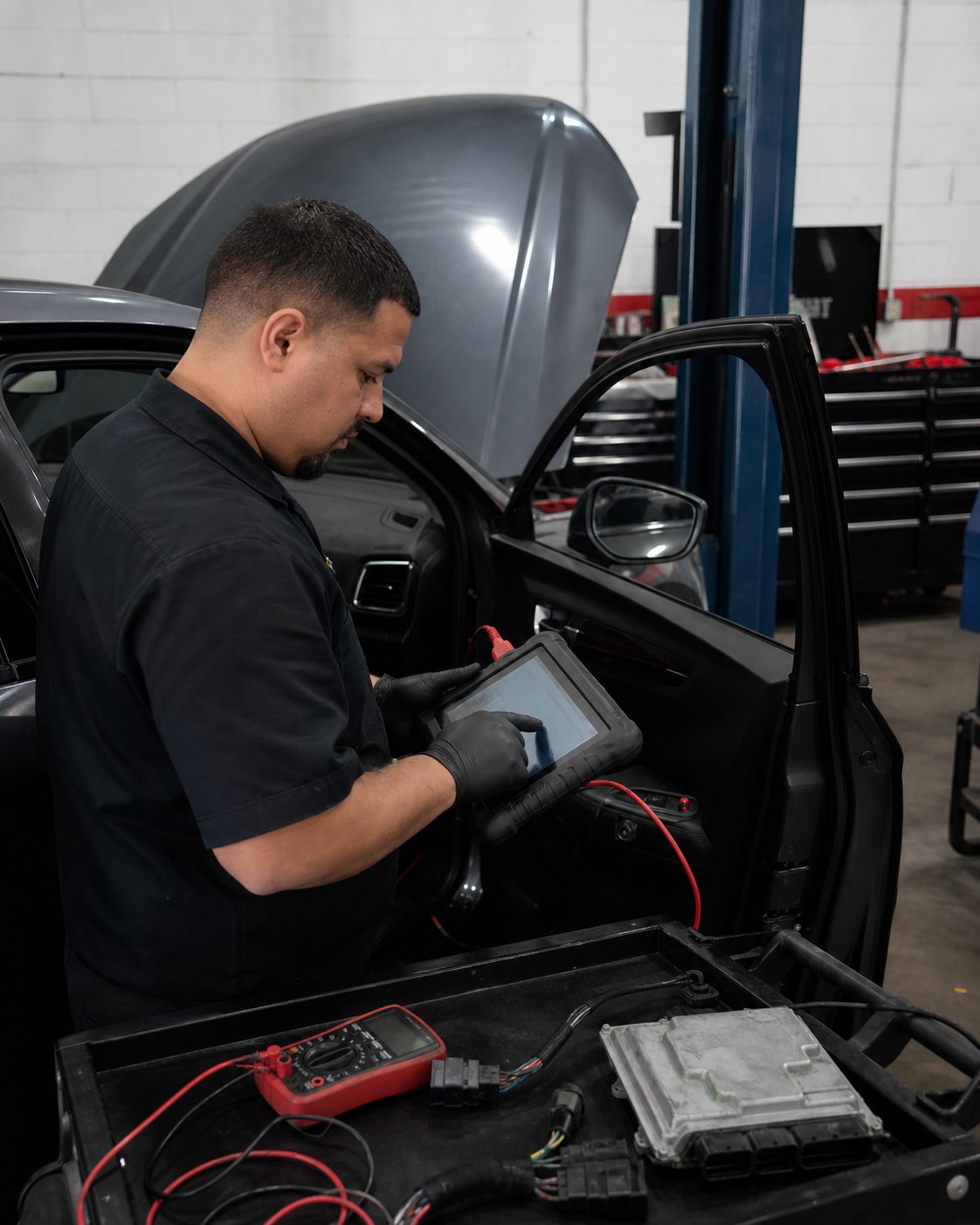 Technician testing a vehicle module at Mr. Honditas in Toms River, NJ