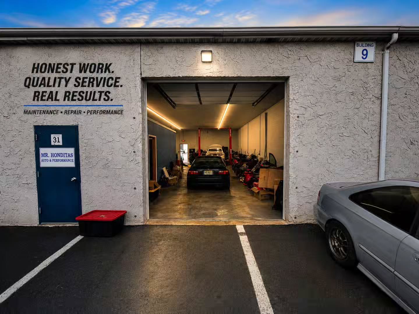 Open service bay at the Mr. Honditas auto shop in Toms River, NJ