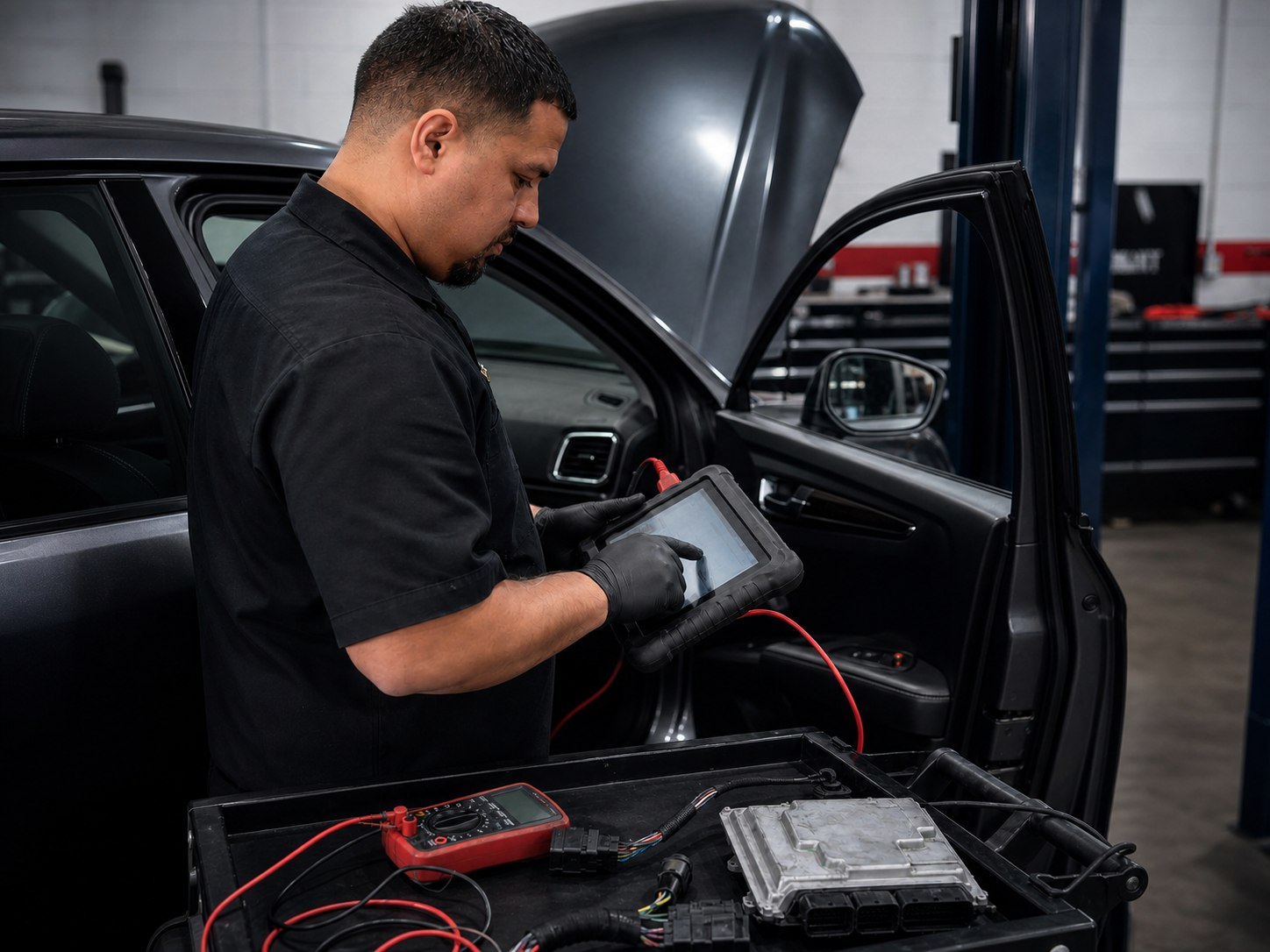 Technician programming a vehicle module at Mr. Honditas in Toms River, NJ
