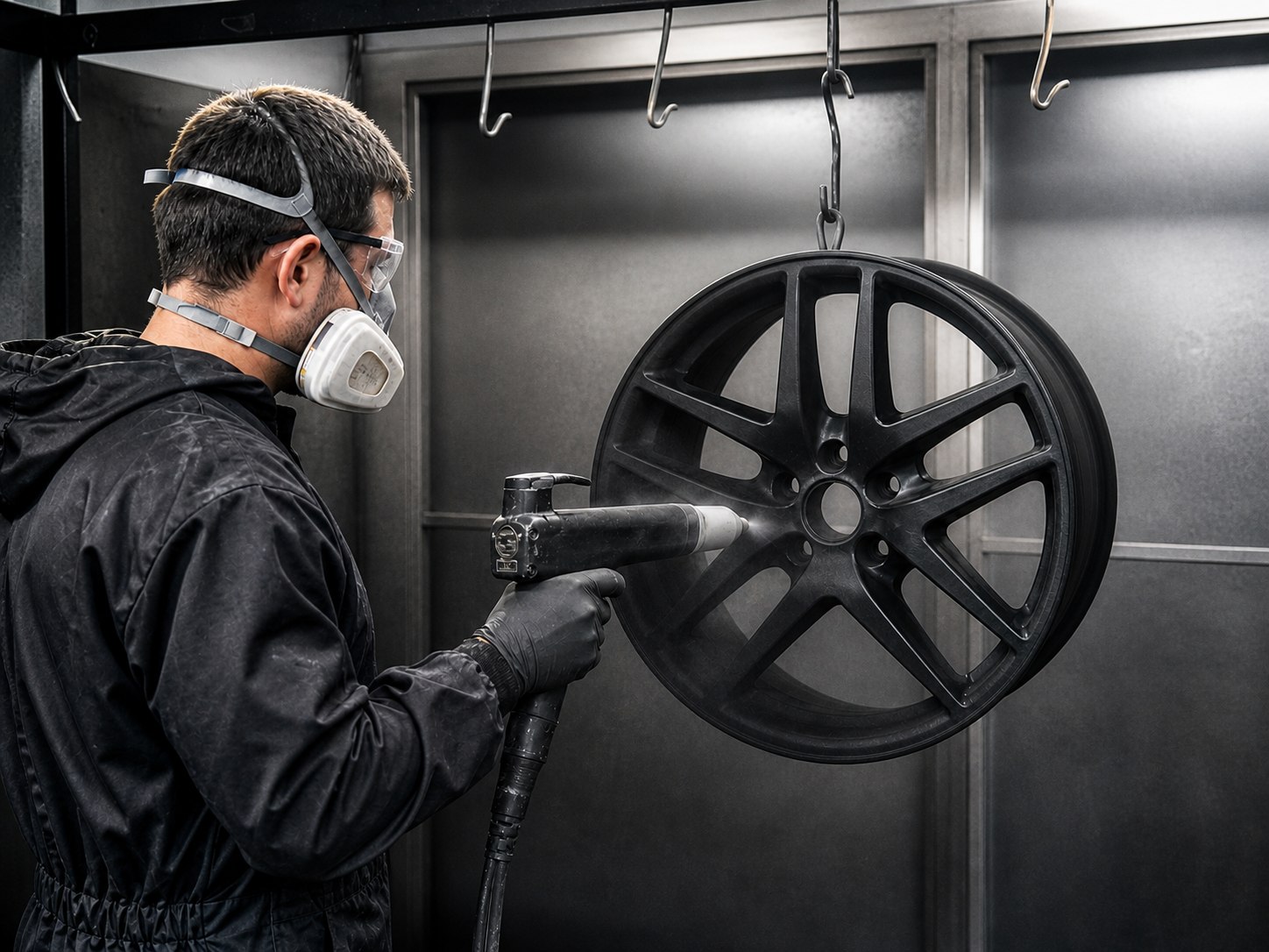 Technician powder coating an automotive wheel for Mr. Honditas in Toms River, NJ