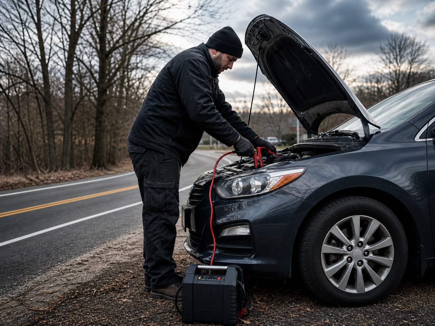 Technician jump-starting a car during roadside assistance near Toms River, NJ