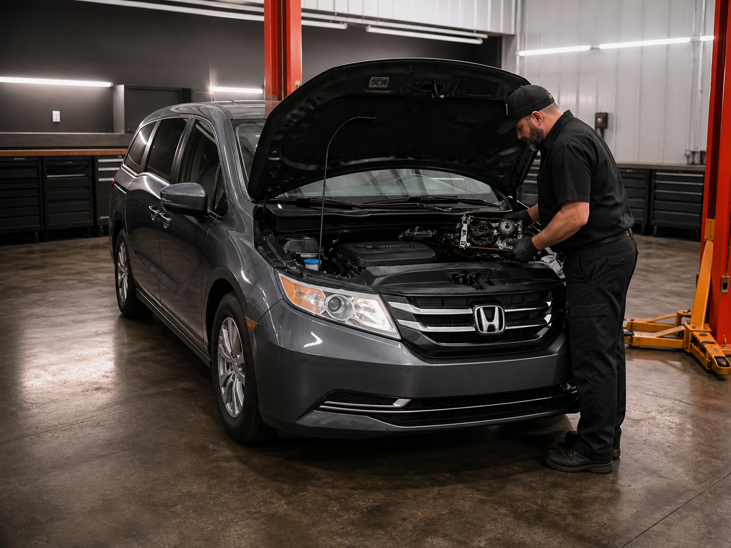 Technician inspecting quality components on a gray Honda Odyssey inside the Mr. Honditas service bay