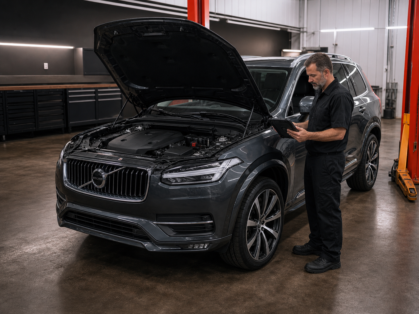 Technician performing a diagnostic second-opinion inspection on a gray Volvo XC90 inside the Mr. Honditas service bay